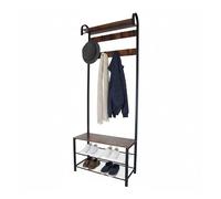 Relaxdays coat stand, shoe bench with 2 shelves, 9 hooks, hat shelf, HWD 182 x 69 x 30 cm, black/brown