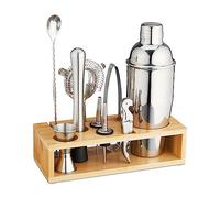 Relaxdays Cocktail Shaker Set, 70% stainless steel 30% bamboo, Silver/Natural, 27 x 25 x 10.5 cm