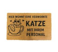 Relaxdays Coconut Doormat 60x40, Pampered Cat Design, Non-slip, Weatherproof, Indoor & Outdoor Mat, Natural