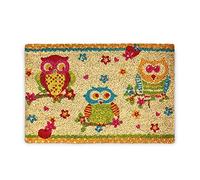 Relaxdays Coconut Fibre OWLS 40 x 60 cm Coir Doormat Welcome Mat with 3 Owls with No-Slip Rubber PVC Underside, Multicolour