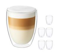 Relaxdays Coffee Glasses, Set of 6, Double-Walled Mugs, 350 ml, Dishwasher-Safe, Insulated Latte Cups, Transparent