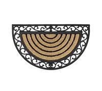 Relaxdays Coir Doormat Semi-Circle Rubber Floor Mat with Stripes and Floral Pattern, Weather-Proof Welcome Mat Anti-Slip for all Floor Types with Cast Iron-Look, Brown / Black