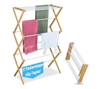 Relaxdays collapsible drying rack, 11 rods, HxWxD: 115 x 73 x 33 cm, bamboo, metal, tower rack, natural/white