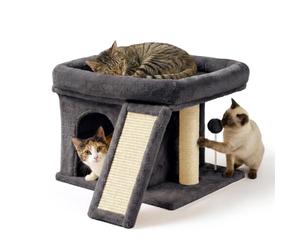 Relaxdays Compact Cat Tree, cave, scratching board & lounge bed, HxWxD: 38.5x54x45 cm, sisal, dark grey
