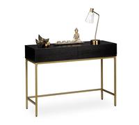 Relaxdays Console Table, 2 Drawers, Wood Optic, H x W x D: 80 x 110 x 40 cm, Black/Gold