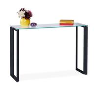 Relaxdays console table with glass tabletop, hallway sideboard, 110x35x75 cm (LxWxH), narrow side unit, metal, black, Steel