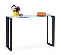 Relaxdays console table with glass tabletop, hallway sideboard, 110x35x75 cm (LxWxH), narrow side unit, metal, black, Steel