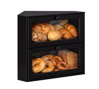 Relaxdays Corner Bamboo Bread Bin, 2-tier bread box with viewing window, HxWxD: 35x40x27.5 cm, black