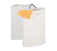 Relaxdays Corner Laundry Basket, Bamboo, Folding Hamper, Lid, 60 L, 2 Inner Washing Bags, 66 x 49.5 x 37 cm, White