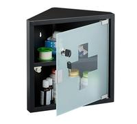 Relaxdays Corner Medicine Cabinet, with 1 Shelf, 30x30x17.5 cm, Lockable, First Aid Cupboard, Steel, Glass Door, Black