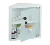 Relaxdays Corner Medicine Cabinet, with 1 Shelf, 30x30x17.5 cm, Lockable, First Aid Cupboard, Steel, Glass Door, White