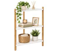 Relaxdays Corner Shelf, HxWxD: 60 x 46 x 25 cm, 3 Shelves, Natural, White | Freestanding living room shelf, MDF, bamboo, corner shelf