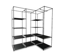 Relaxdays corner wardrobe, HWD: 170 x 130 x 8 cm, 2 hanging rails, 12 shelves, steel, fabric, open design, black