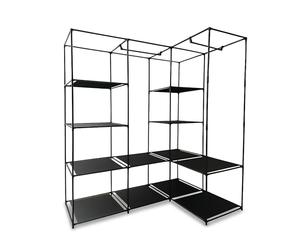 Relaxdays corner wardrobe, HWD: 170 x 130 x 8 cm, 2 hanging rails, 12 shelves, steel, fabric, open design, black
