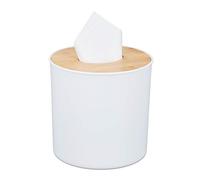 Relaxdays Cosmetic Tissue Box with Bamboo Lid, Bathroom, Modern, Plastic Container, HxØ: 12.5 x 13.5 cm, White/Natural