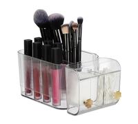 Relaxdays Cosmetics Organiser, 4 Compartments & 2 Hooks, Cotton Buds, Adhesive Wall-Mounting, Plastic, Transparent/Gold, 10 x 24 x 12.5 cm