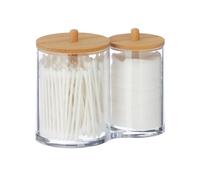 Relaxdays Cotton Pads & Buds Container, Plastic Organiser with Bamboo Lid, Bathroom, 12x15x8.5 cm, Transparent/Natural, 12 x 15 x 8.5 cm