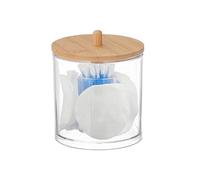 Relaxdays Cotton Pads & Buds Container, Divided Plastic Organiser with Bamboo Lid, HxØ: 11 x 10 cm, Transparent/Natural