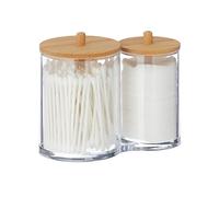 Relaxdays Cotton Pads & Buds Container, Plastic Organiser with Bamboo Lid, Bathroom, 12x15x8.5 cm, Transparent/Natural, 12 x 15 x 8.5 cm