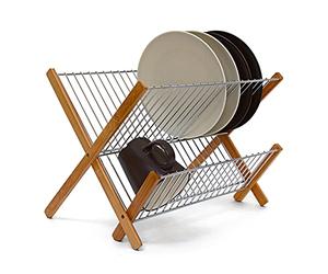 Relaxdays CROSS Bamboo And Chromed Steel Draining Rack: 27 x 38 x 29 cm Drying Rack Folding Dish Drainer For Plates, Cups, Glasses, Natural, Brown/Silver
