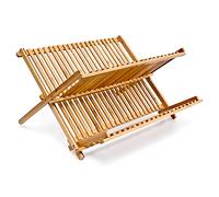 Relaxdays CROSS Dish Rack, 24.5 x 42 x 33 cm, Bamboo Two-Tier Foldable Drying Rack, Natural Brown