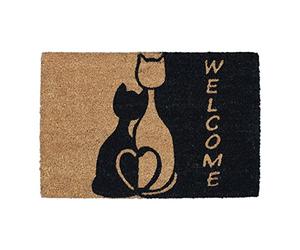 Relaxdays Cute Romantic White Cats Doormat, 40x60 cm, Inside & Outside Use, Non-Slip, Natural Coir/Black, Coco, 40x60cm