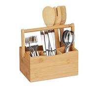 Relaxdays Cutlery Box, Utensil Holder, Bamboo, 4 Compartments, Carry Handle, for Serving & Carrying, Wooden, Natural