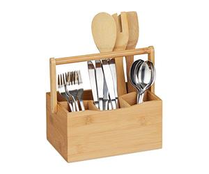 Relaxdays Cutlery Box, Utensil Holder, Bamboo, 4 Compartments, Carry Handle, for Serving & Carrying, Wooden, Natural