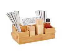 Relaxdays Cutlery Holder Bamboo, 7 Compartments, Table Caddy For Napkins, Sauces, Oil, Spices, HWD 11.5 x 35 x 15 cm
