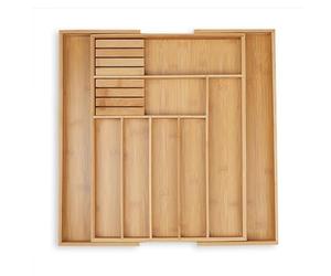 Relaxdays Cutlery Tray, Extendable, 7-9 Compartments, 2 Knife Blocks, 5.5x45x44.5 cm, Drawer Insert, Bamboo, Natural