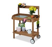 Relaxdays Planter Table with Wheels, Repotting Stand, Wooden, Garden, Greenhouse, Balcony, 120 x 97 x 49 cm, Brown, Wood