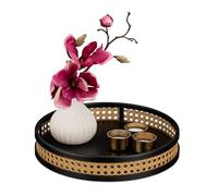 Relaxdays Decor Tray, Rattan Effect, HxD 5.5 x 30 cm, Round Catch All for Candles, Jewellery Holder, Black/Natural