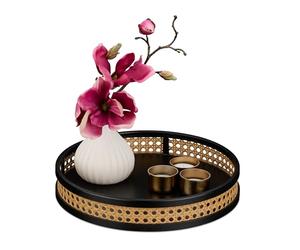 Relaxdays Decor Tray, Rattan Effect, HxD 5.5 x 30 cm, Round Catch All for Candles, Jewellery Holder, Black/Natural