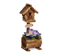 Relaxdays Decorative Bird House, with Flowerpot, Wooden Feeder, HWD: 41 x 15 x 15 cm, Garden, Patio & Balcony, Natural