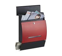 Relaxdays Design Letterbox with Newspaper Slot, Powdercoated, HxWxD: 45 x 35 x 11 cm, Wall-Mount Mailbox, Black-Red