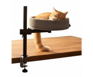 Relaxdays Desk-Mounted Cat Bed, Height-Adjustable, 360° Swivel, Up to 20kg, Ø 38cm, Grey/Black, 56x50x38cm