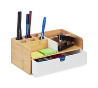 Relaxdays Desk Organiser, 1 Drawer, 9 Compartments, Bamboo, HxWxD: 10 x 25 x 15.5 cm, Utensils Storage, Natural/White