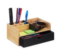 Relaxdays Desk Organiser, 1 Drawer, 9 Compartments, Bamboo, HxWxD: 10 x 25 x 15.5 cm, Utensils Storage, Natural/Black