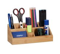 Relaxdays Desk Organiser, 10 Compartments, H x W x D: 9.5 x 23 x 9 cm, Bamboo, Natural