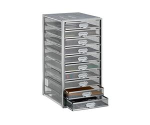 Relaxdays Desk Organiser, 10 Drawers for DIN A4 Files, Letter Tray and Paper Sorter, Mini Chest of Drawers, Silver