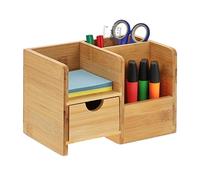 Relaxdays Desk Organiser, 3 Compartments and Drawer, H x W x D: 14 x 20.5 x 13 cm, Bamboo, Natural