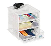 Relaxdays Desk Organiser, 3 Compartments, Drawers, Mesh Design, H x W x D: 17 x 16 x 17 cm, Metal, White, Steel