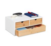 Relaxdays Desk Organiser, 3 Drawers, for Office Supplies, H x W x D: 14 x 33 x 21 cm, Bamboo & MDF, White/Natural