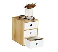 Relaxdays Desk Organiser, 3 Drawers, Office Storage Box, White | HxWxD: 21 x 14.5 x 20 cm, Bamboo & MDF