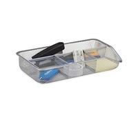 Relaxdays Desk Organiser, 4 Compartments, Small Office Drawer Insert, Metal Mesh, Flat Stationery Tray, Silver