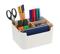 Relaxdays Desk Organiser, 5 Compartments, Plastic and Wood, H x W x D: 9,5 x 18 x 15 cm, White