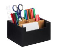 Relaxdays Desk Organiser, Bamboo, 5 Compartments, for Office Supplies & Cosmetics, Pen Holder, 9.5 x 18 x 15 cm, Black