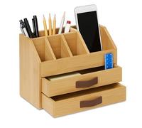 Relaxdays Desk Organiser, Drawer & Compartments, HxWxD: 19 x 24 x 14 cm, Bamboo & MDF, Office Storage, Natural/Brown