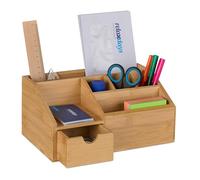 Relaxdays Desk Organiser, Drawer & Pen Holder, 6 Compartments, HxWxD: 11 x 24.5 x 15 cm, Office Storage, Bamboo, Natural