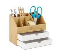 Relaxdays Desk Organiser, Drawers & Compartments, HxWxD: 19 x 24 x 14 cm, Bamboo & MDF, Office Storage, Natural/White, Fibreboard
